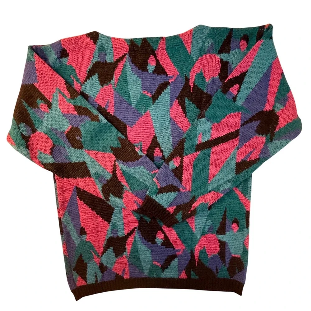 Vintage 90s‎ Odyssey Geometric Abstract Knit Sweater Pink Teal Wool Blend Large
